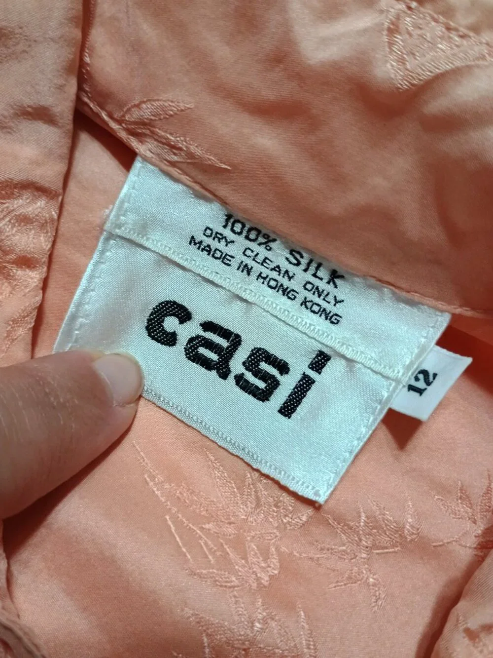 Vintage CASI Silk Jaquard Midi Dress Size 12 Peach with Pockets